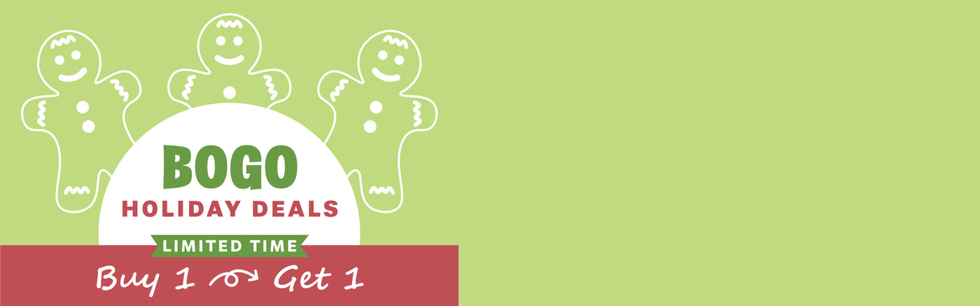 Promotional graphic for BOGO holiday deals on a green background with gingerbread man graphics.