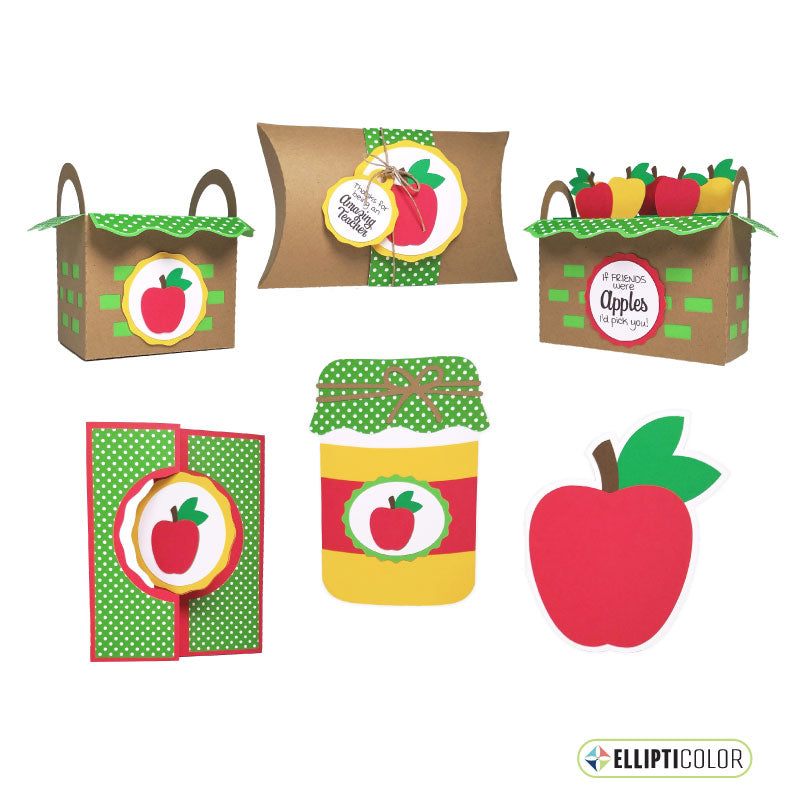 Set of cards, box and basket featuring an apple design on a white background