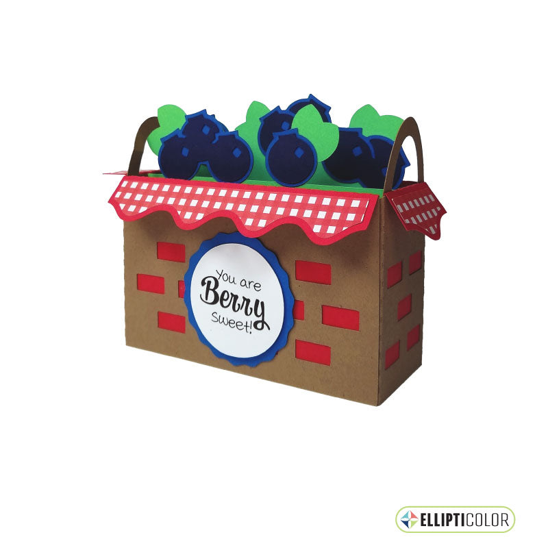 3D greeting card shaped like a basket full of blueberries with a red and white checkered basket liner