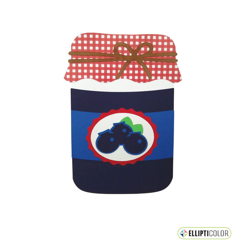 Greeting card shaped like a jar of blueberry jam with a cloth lid tied with twine