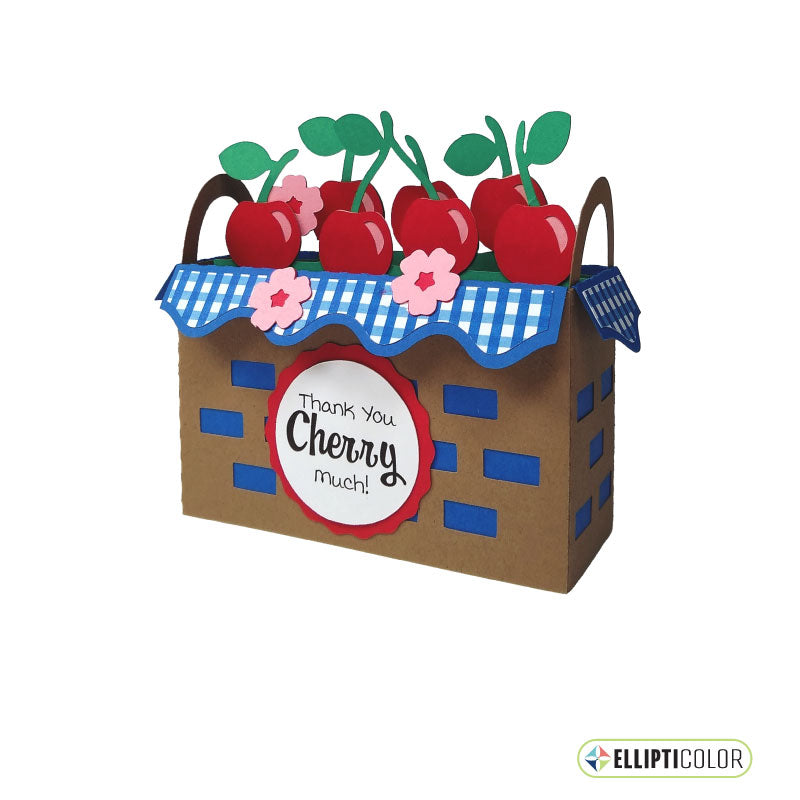 3D greeting card shaped like a basket full of cherries with a blue and white checkered basket liner