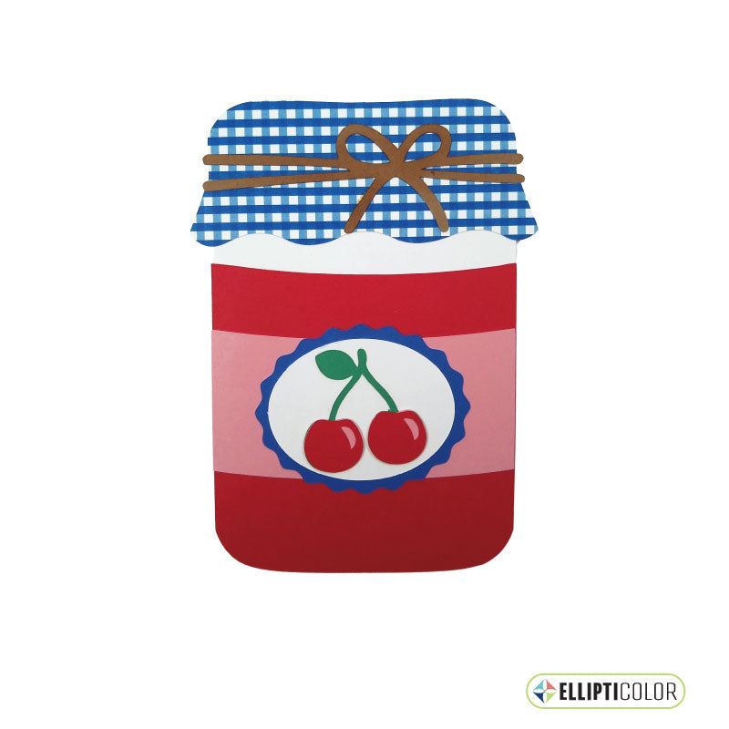 Greeting card shaped like a jar of cherry jam with a cloth lid tied with twine