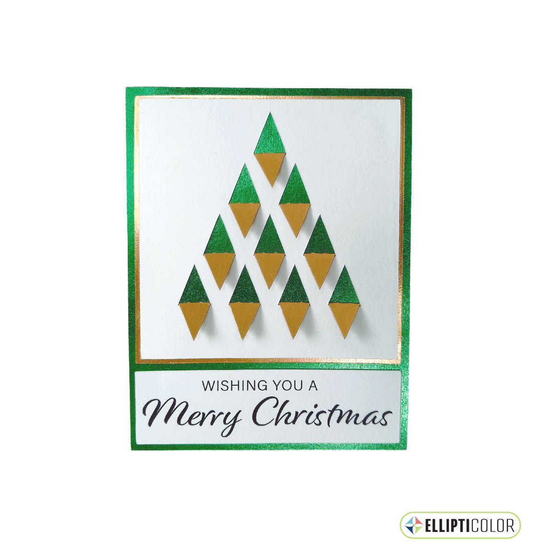 Christmas card with a green and gold geometric tree and 'Wishing you a Merry Christmas' text.