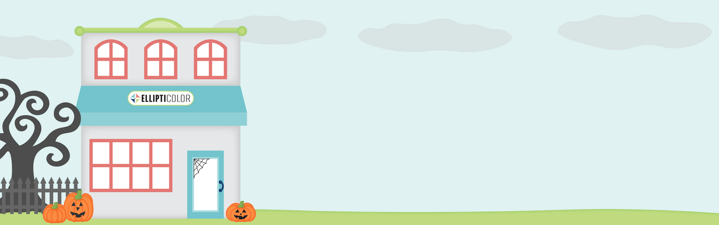 Illustration of a Halloween-themed store front with pumpkins and an ElliptiColor logo.