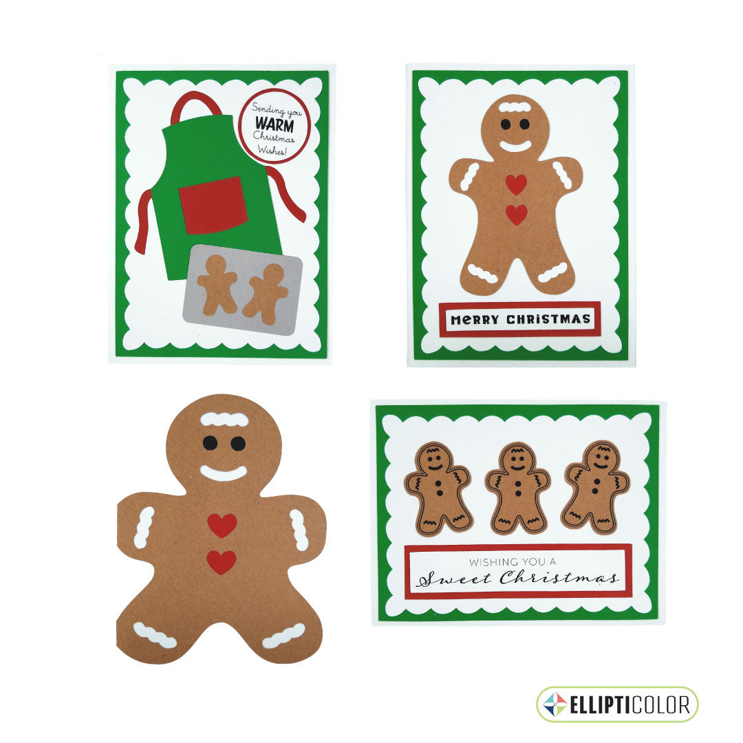 Set of Christmas cards featuring gingerbread men and festive designs on a white background.