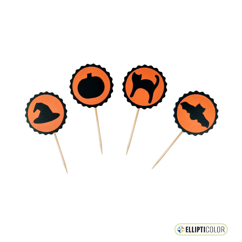 Halloween-themed cupcake toppers with black cat, pumpkin, and witch hat designs on orange circles with black borders.