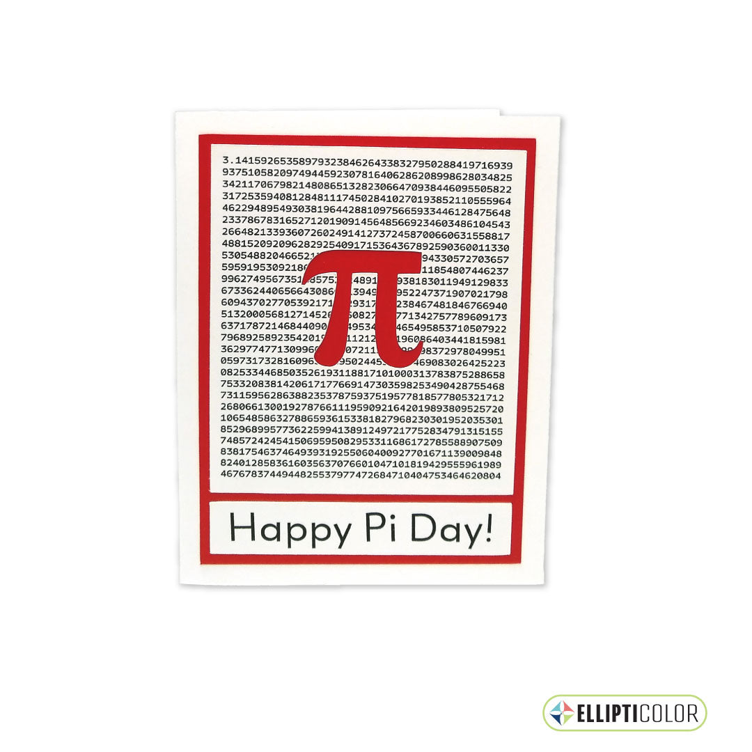 Greeting card with a red pi math symbol on top of 1287 digits of pi and "Happy Pi Day" text