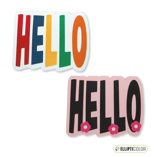 Colorful 'HELLO' greeting cards on a white background with Ellipticolor branding