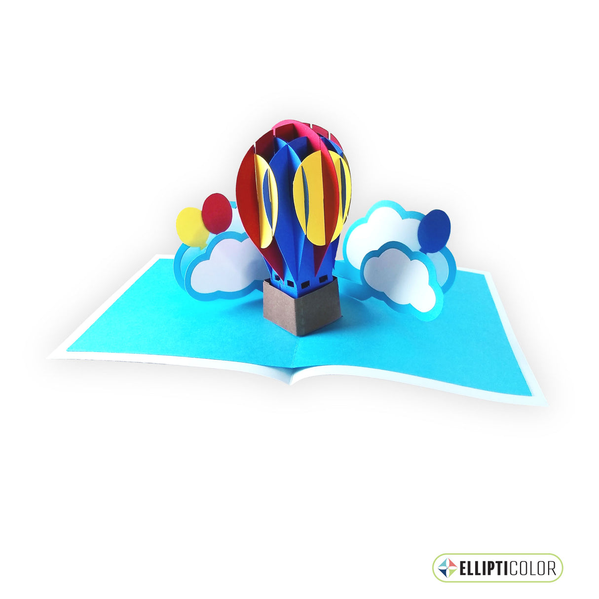 An intricate sliceform birthday card featuring a colorful pop-up hot air balloon, birthday balloons and clouds.