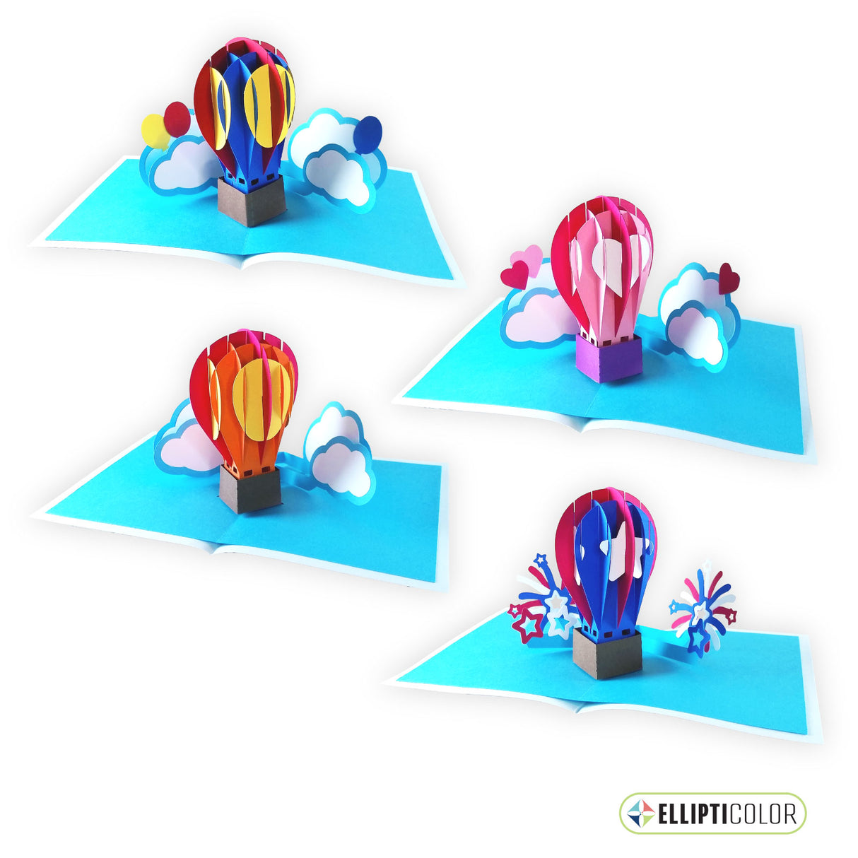 A set of four pop-up hot air balloon cards in various colors with detailed sliceform designs, displayed in an open book style.