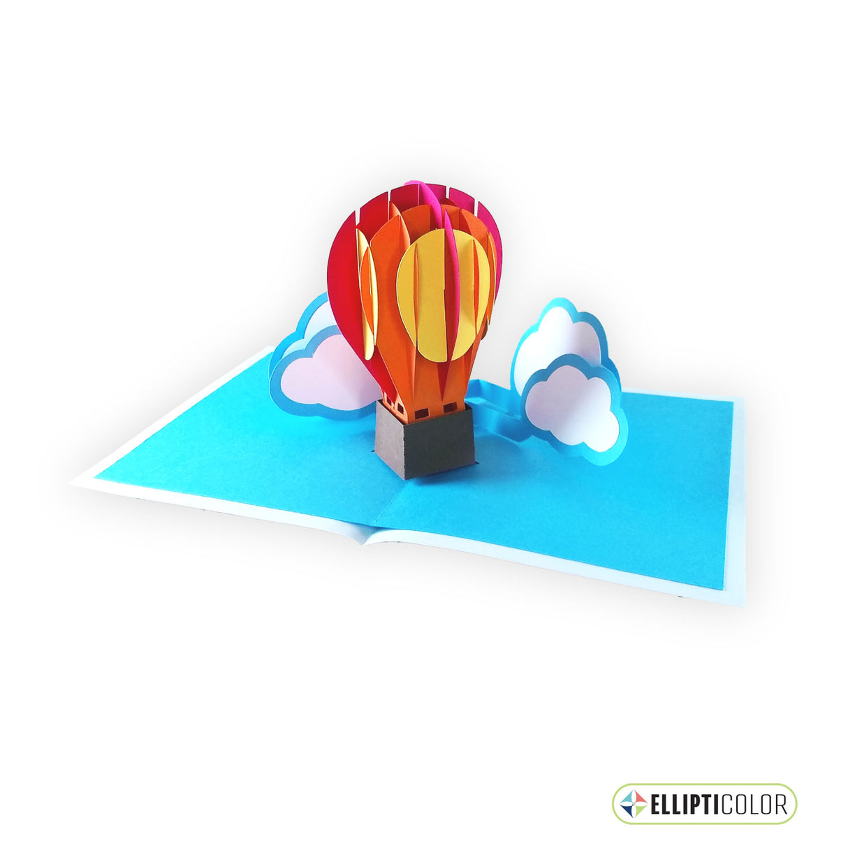 An intricate sliceform card featuring a colorful pop-up hot air balloon and clouds.