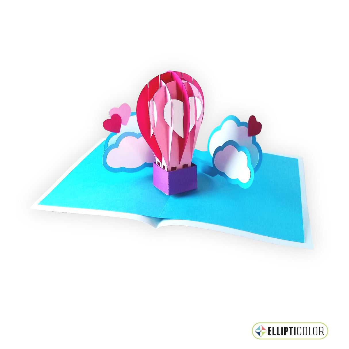 An intricate sliceform card featuring a colorful pop-up hot air balloon, hearts and clouds.