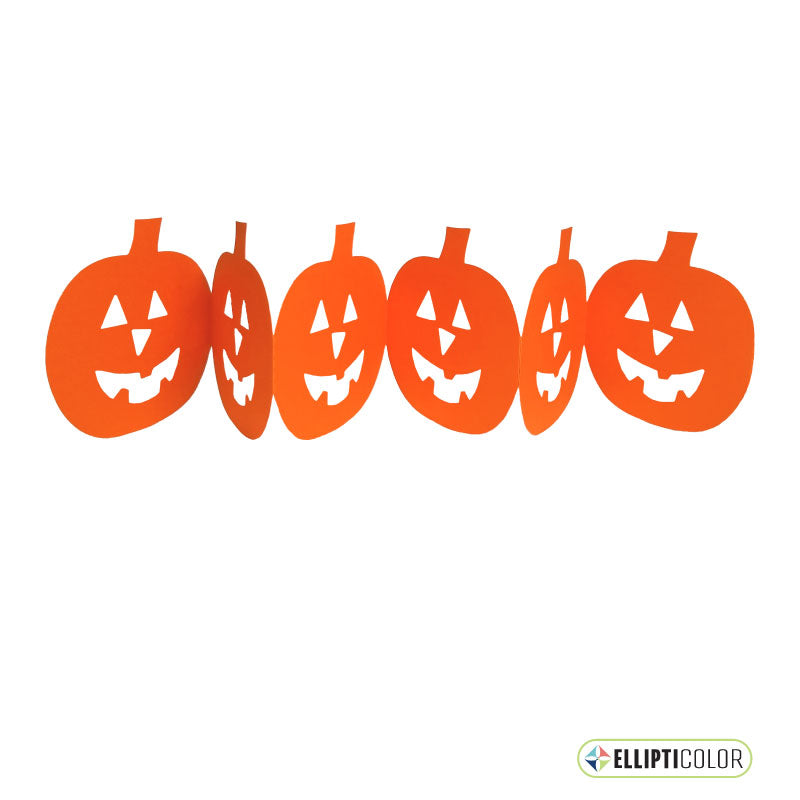 Six orange Jack-'O-Lantern shapes connected in a row for table garland