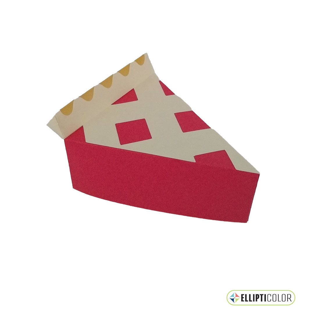 Paper craft pie shaped box with a lattice top crust and red pie filling.
