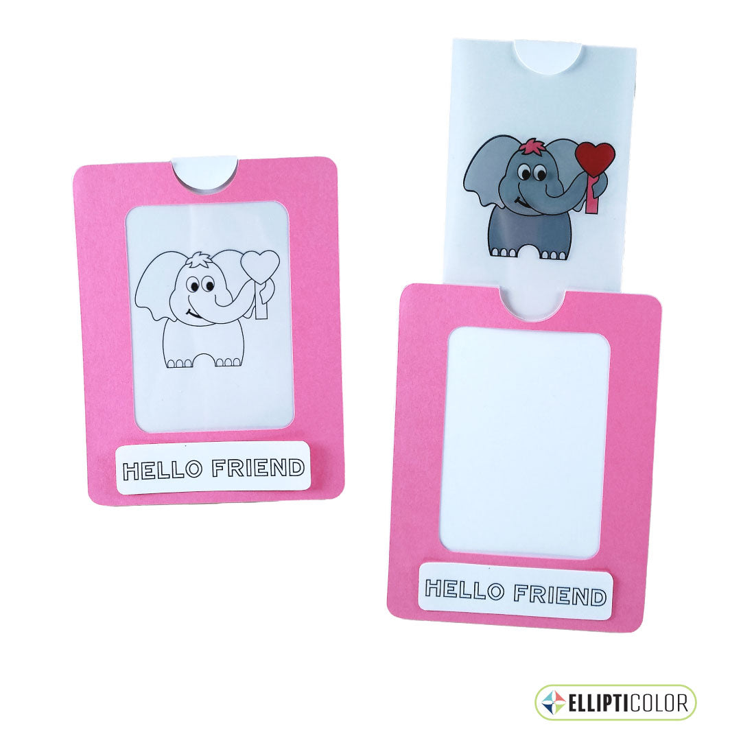 Magic slider card with a 'Hello Friend' message and a pink frame around an elephant that is black and white before the tab is pulled and colorful after
