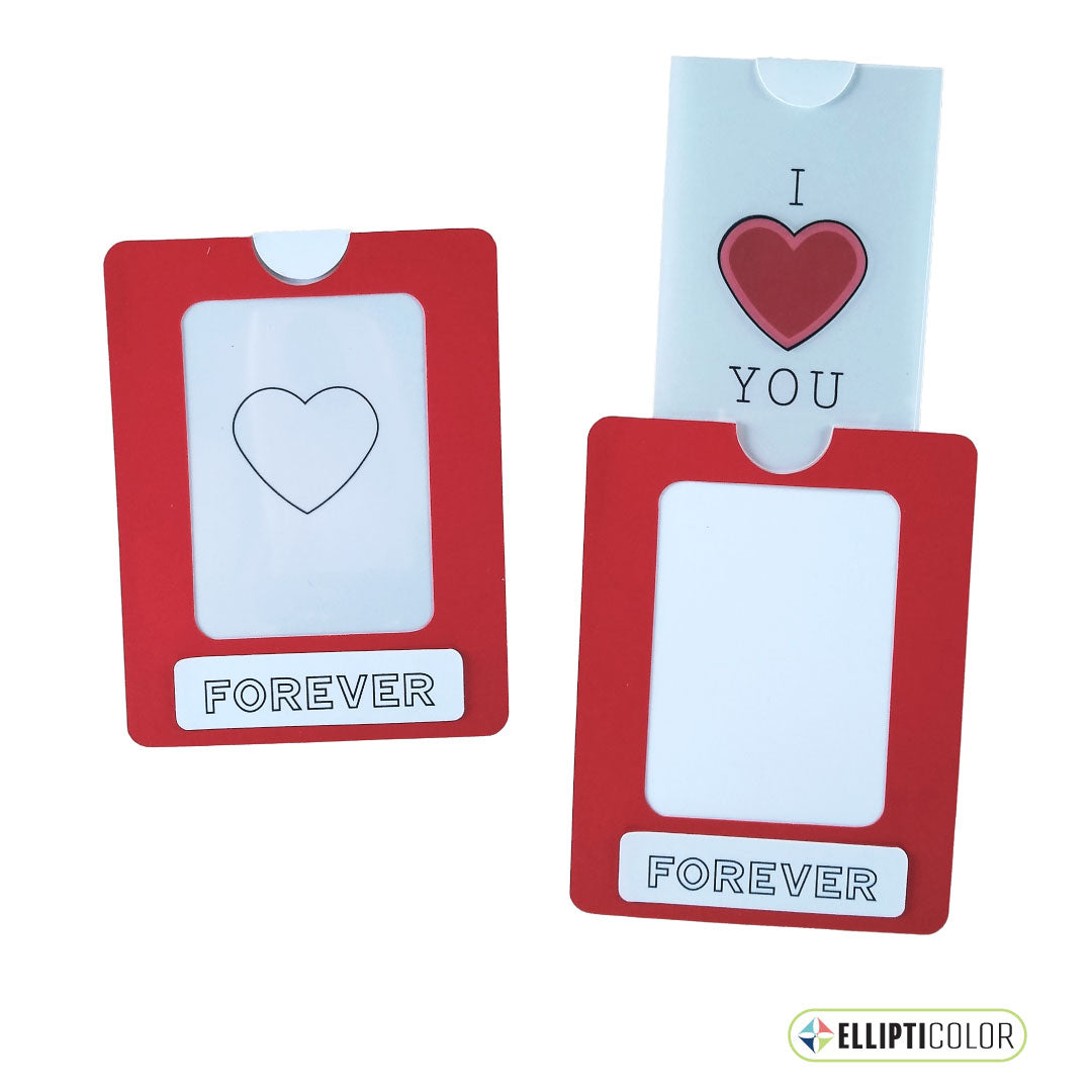 Magic slider card with a 'Forever' message and a red frame around a heart that is black and white before the tab is pulled and colorful after