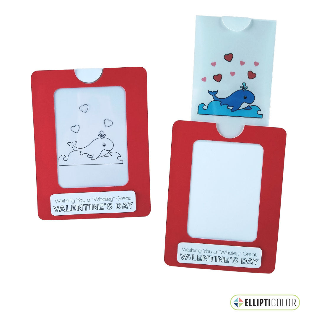 Magic slider card with a Valentine message and a red frame around a whale with hearts that are black and white before the tab is pulled and colorful after