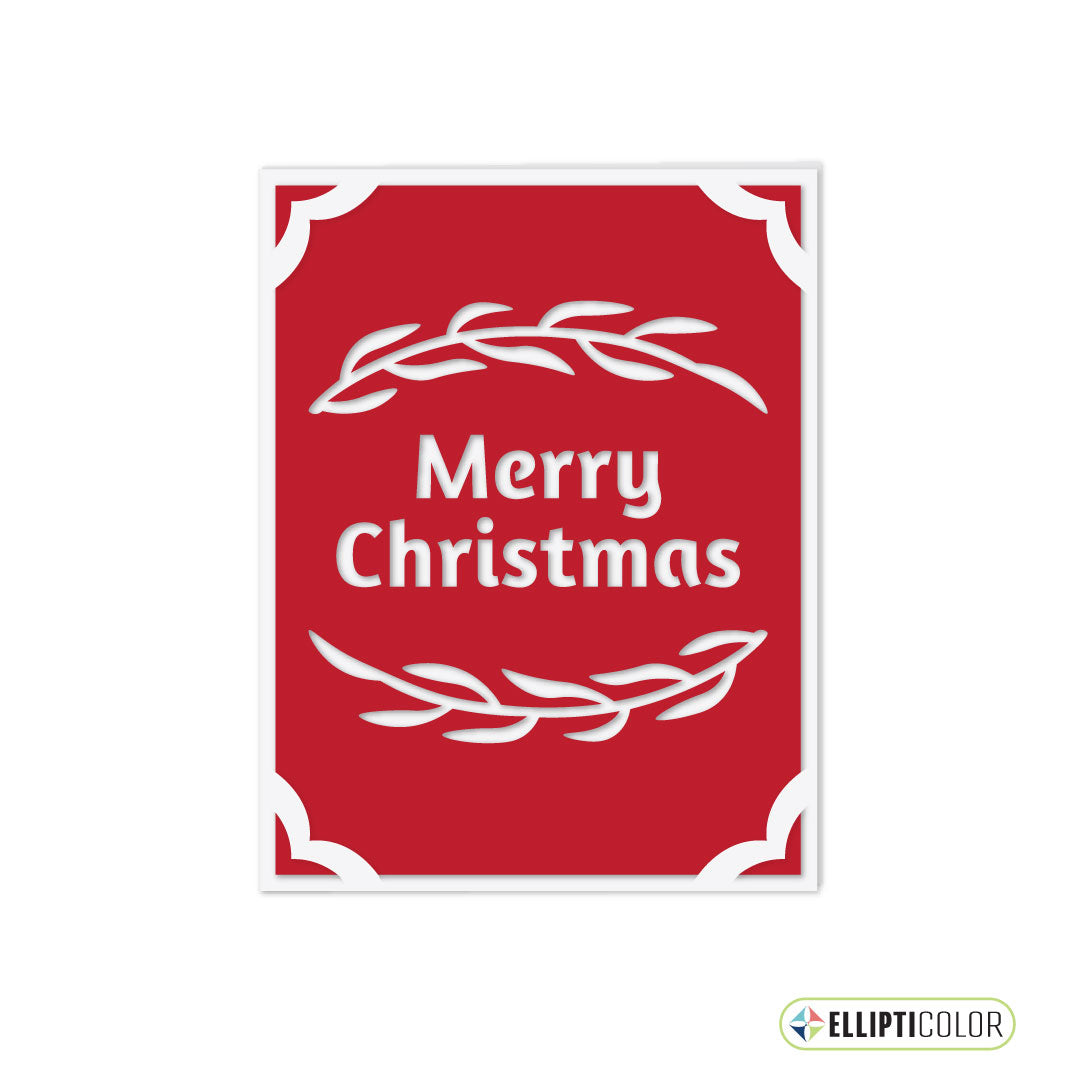Red greeting card with 'Merry Christmas' text and white leaf designs on a white background