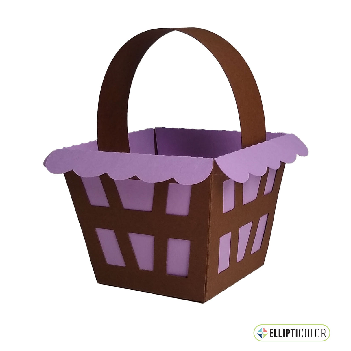 A 3D Mini Basket with a handle. It is made from brown card stock and has a purple card stock liner with ruffles.