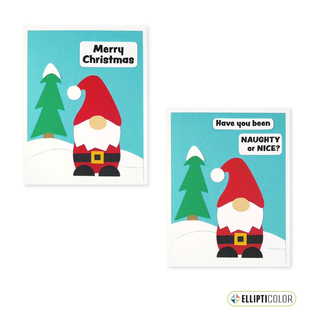 Two Christmas-themed greeting cards with Santa gnomes and text on a white background