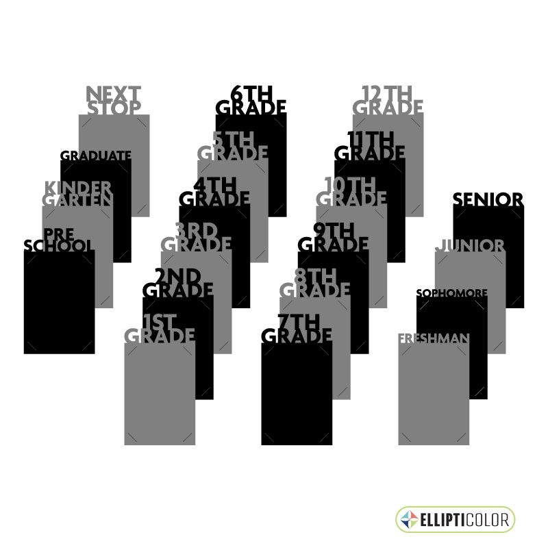 Collage of 20 photo insert frames in black and gray topped with school year themed words