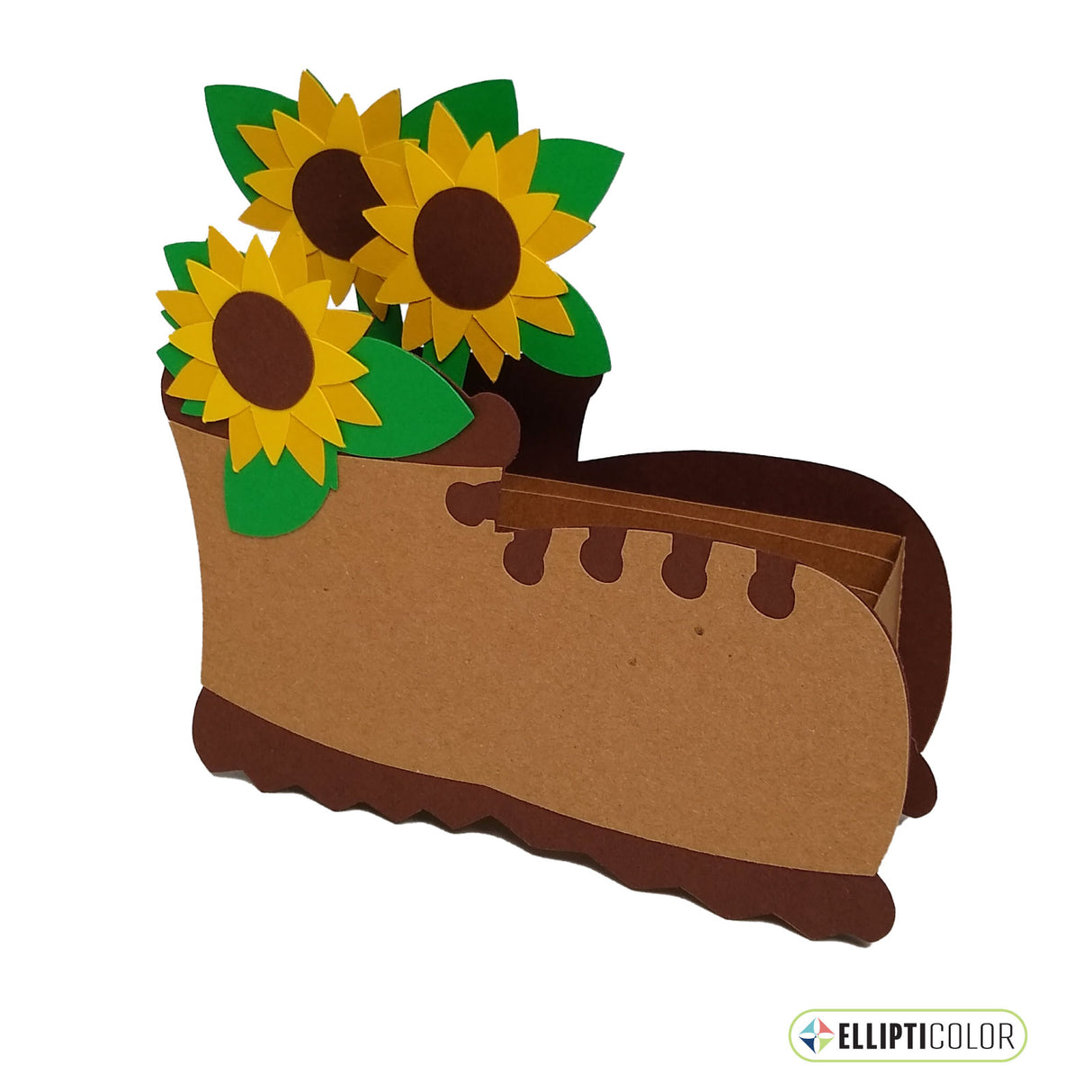 Pop up greeting card shaped like a work boot filled with sunflowers.