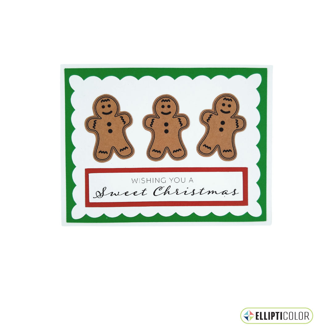 Christmas card with gingerbread men and text 'Wishing you a sweet Christmas' on a green border.