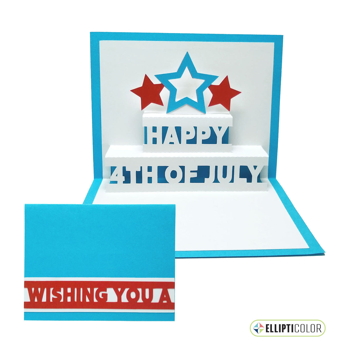 'Wishing You' card with pop-up stars and 'Happy 4th of July' message inside.