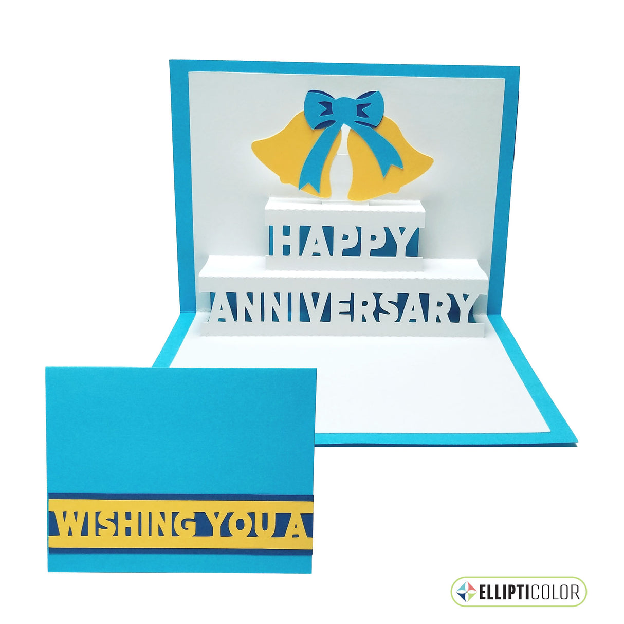 'Wishing You' card with pop-up bells and 'Happy Anniversary' message inside.