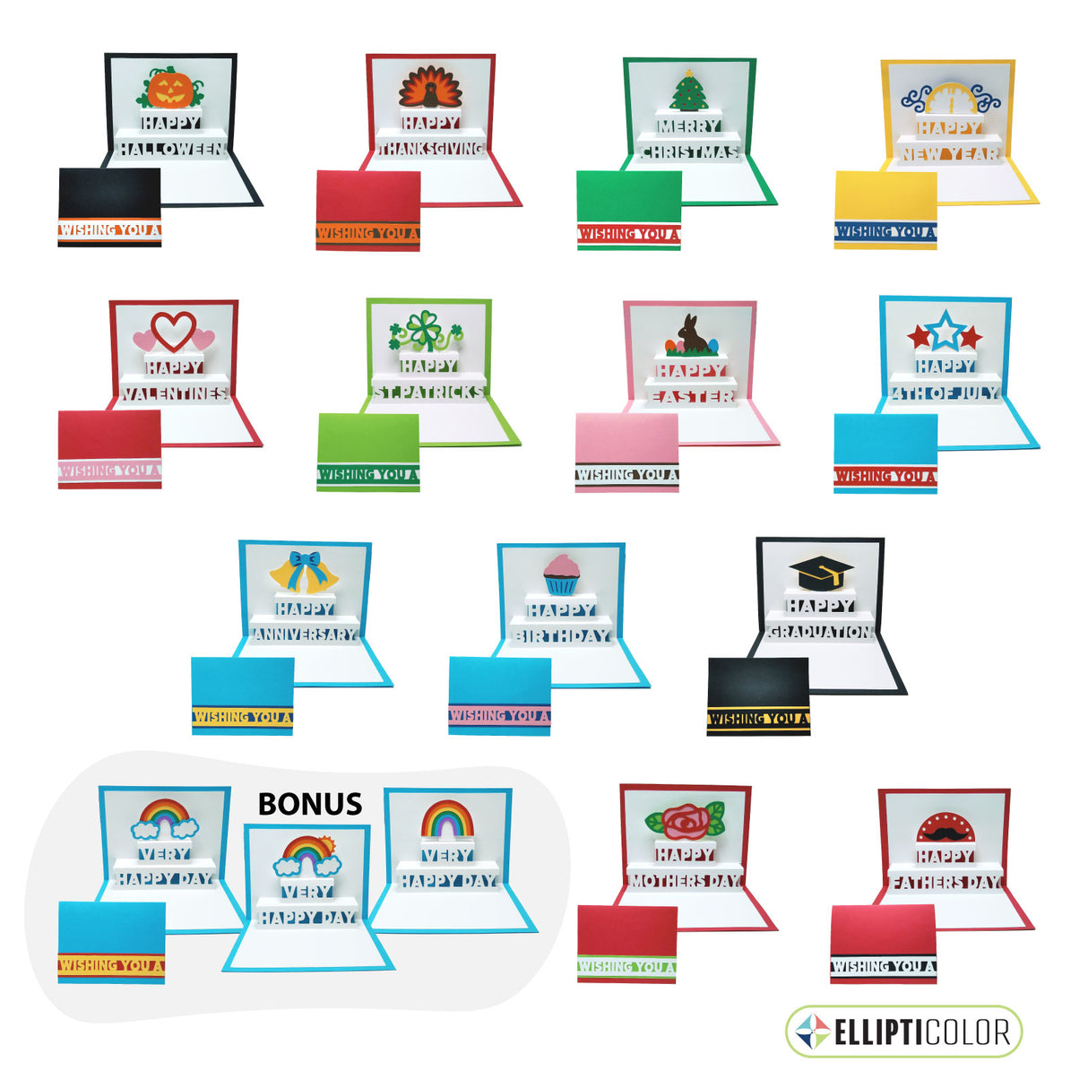 Wishing Card bundle of 14 cards each with a unique holiday or celebration theme and pop-up message inside.