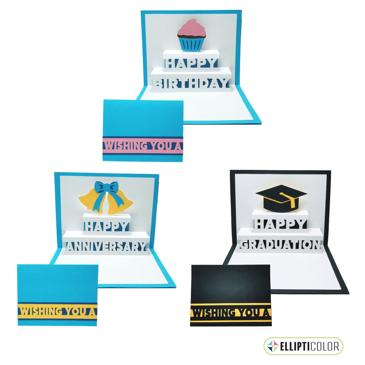 Set of 3 'Wishing You' cards with a pop-up 'Happy Birthday', 'Happy Anniversary' or 'Happy Graduation' message inside.