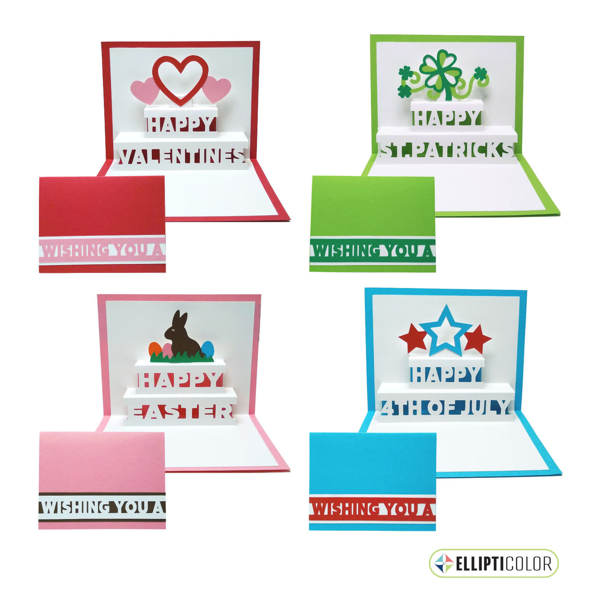 Set of 4 'Wishing You' cards with a pop-up 'Happy Valentine's', 'Happy St. Patrick's', 'Happy Easter' or 'Happy 4th of July' message inside.