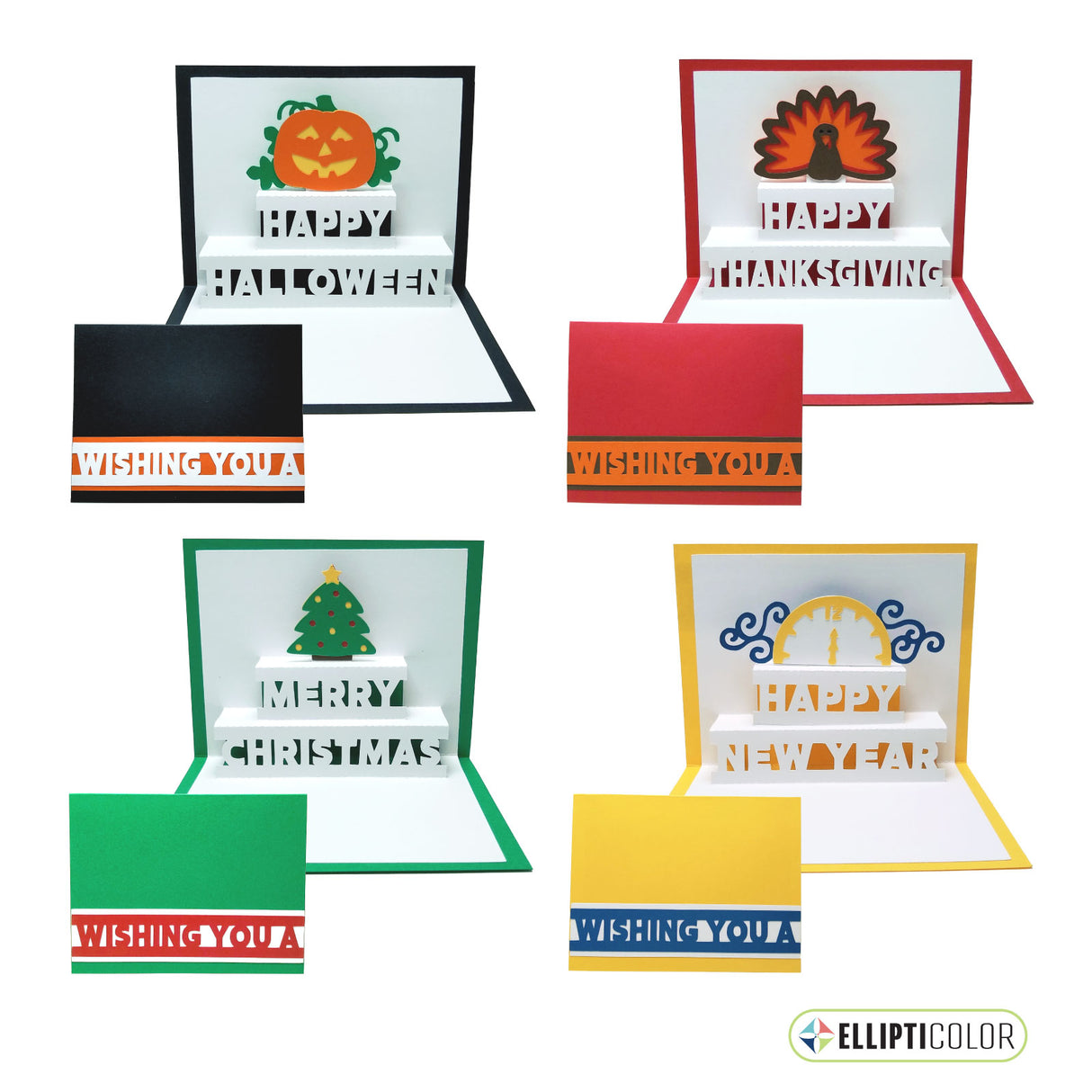 Set of 4 'Wishing You' cards with a pop-up 'Happy Halloween', 'Happy Thanksgiving', 'Merry Christmas' or 'Happy New Year' message inside.