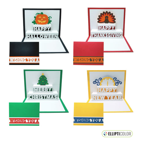 Set of 4 'Wishing You' cards with a pop-up 'Happy Halloween', 'Happy Thanksgiving', 'Merry Christmas' or 'Happy New Year' message inside.