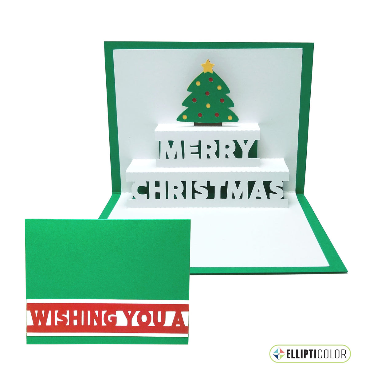 'Wishing You' card with a pop-up Christmas tree and 'Merry Christmas' message inside.