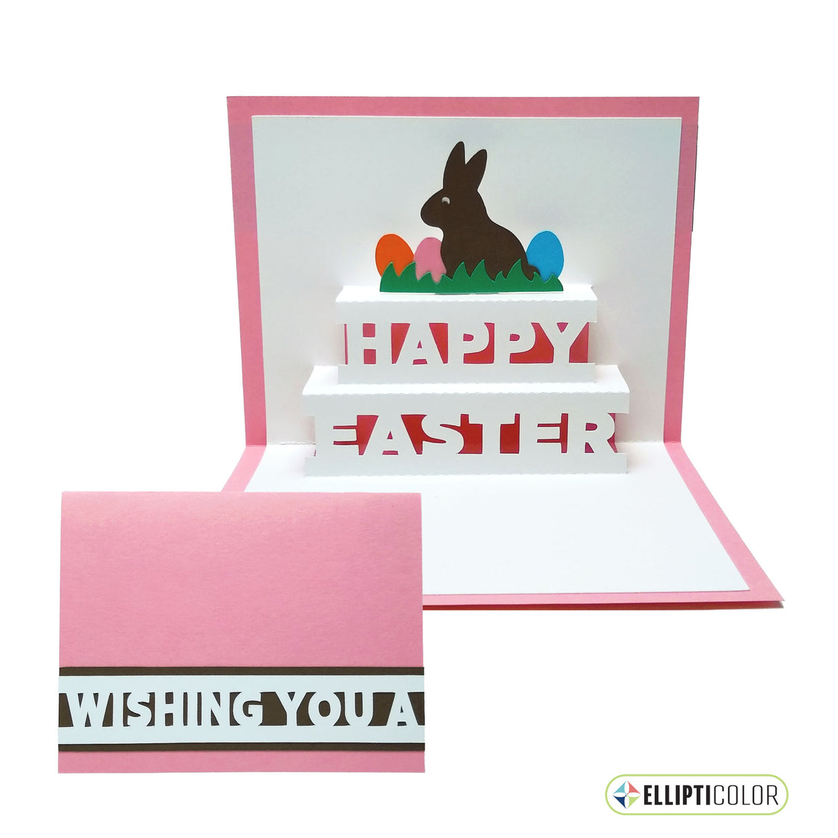 'Wishing You' card with a pop-up chocolate bunny, colorful eggs and 'Happy Easter' message inside.
