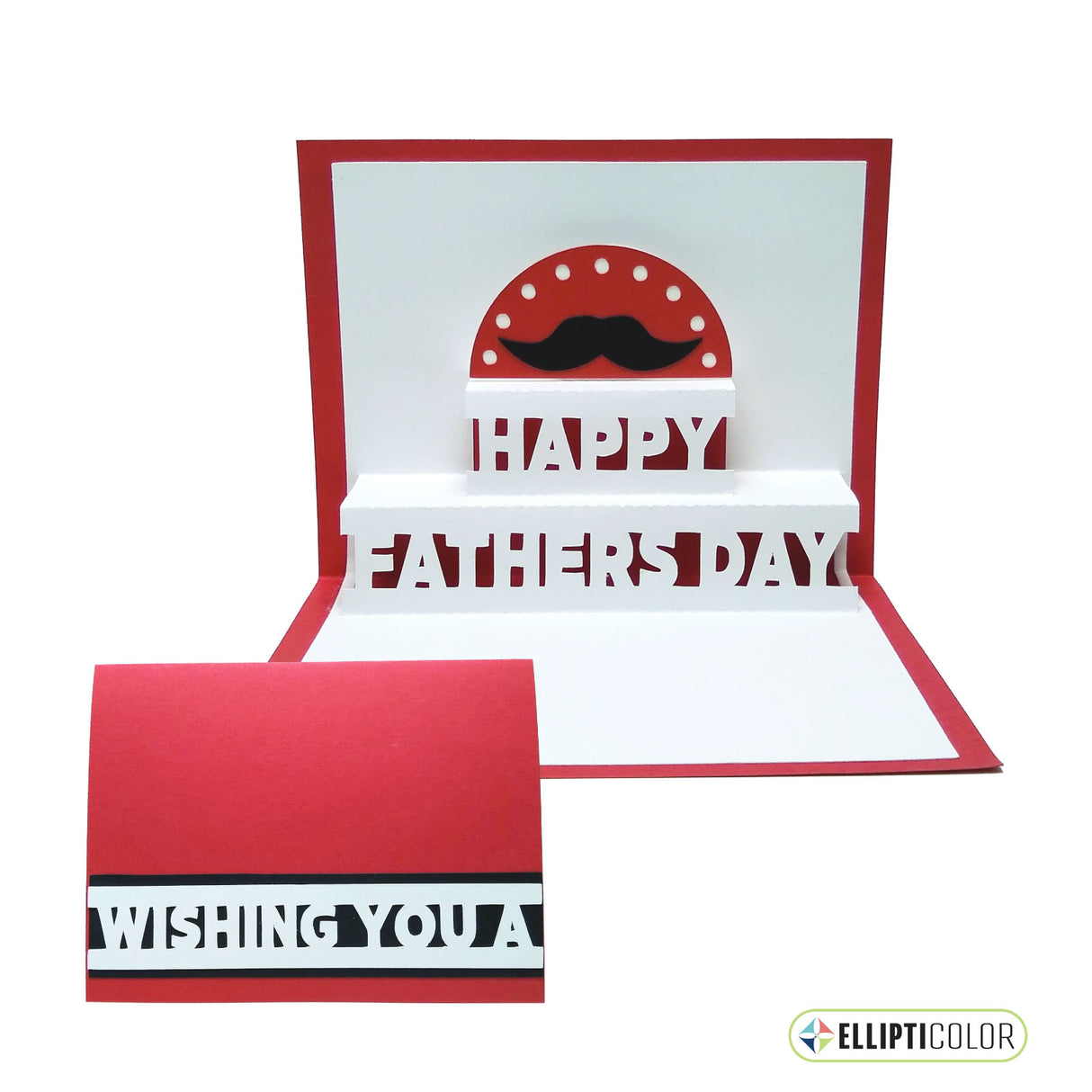 'Wishing You' card with a pop-up mustache and 'Happy Father's Day' message inside.