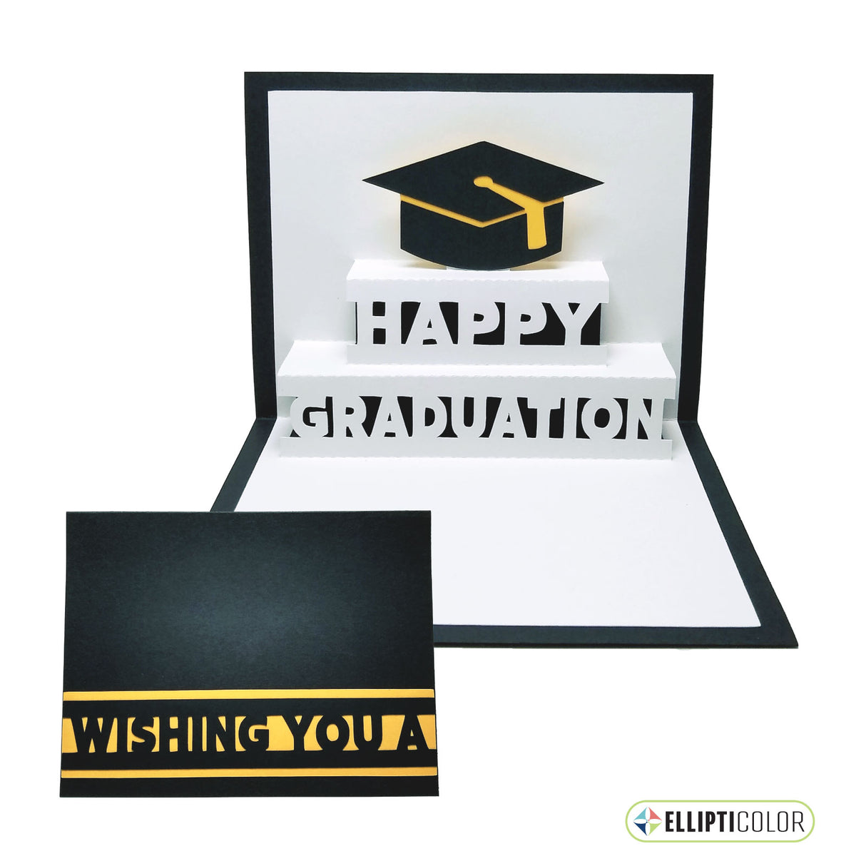 'Wishing You' card with a pop-up graduation cap and 'Happy Graduation' message inside.