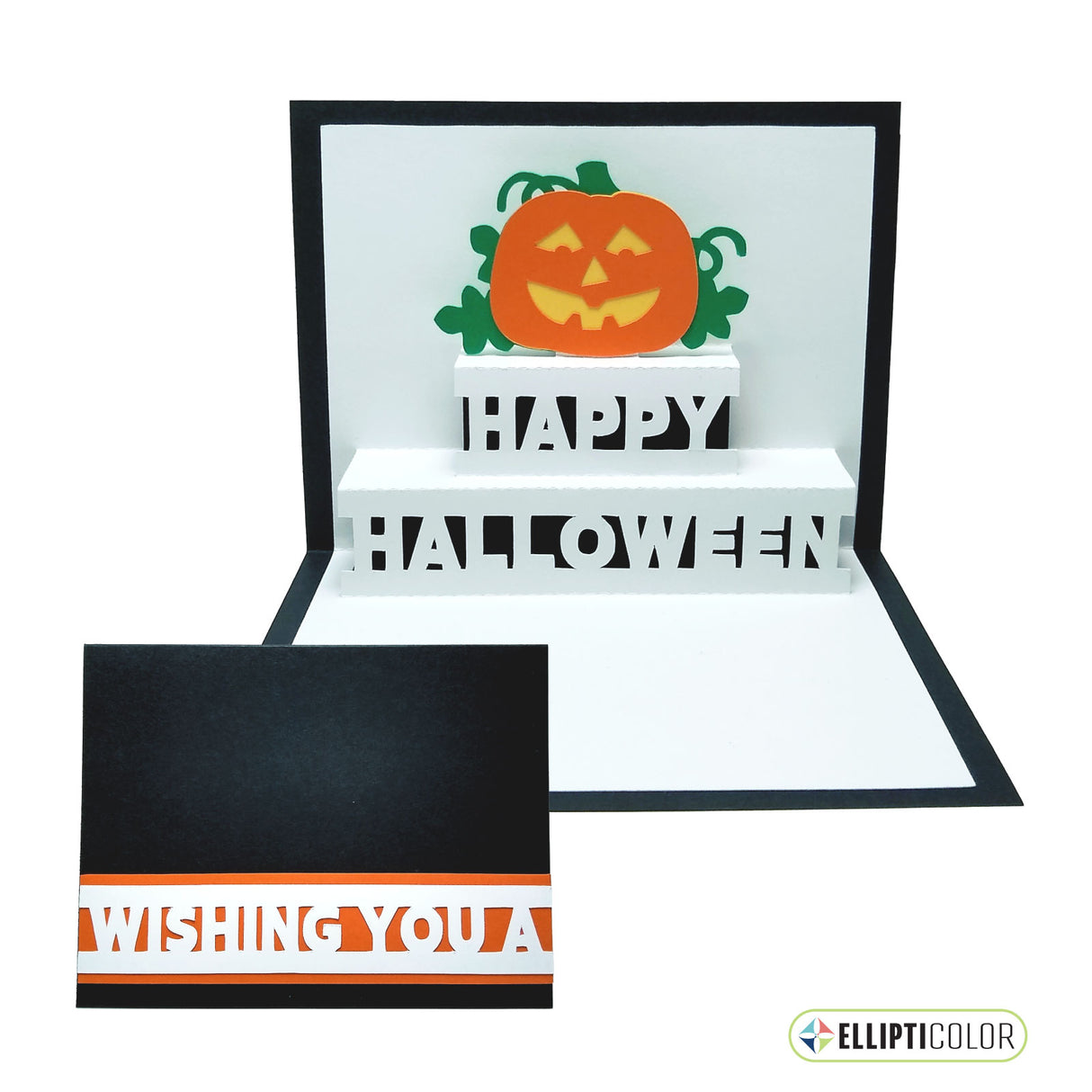 'Wishing You' card with a pop-up Jack-O'-Lantern and 'Happy Halloween' message inside.