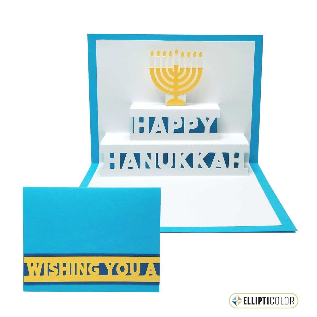 'Wishing You' card with a pop-up menorah and 'Happy Hanukkah' message inside.