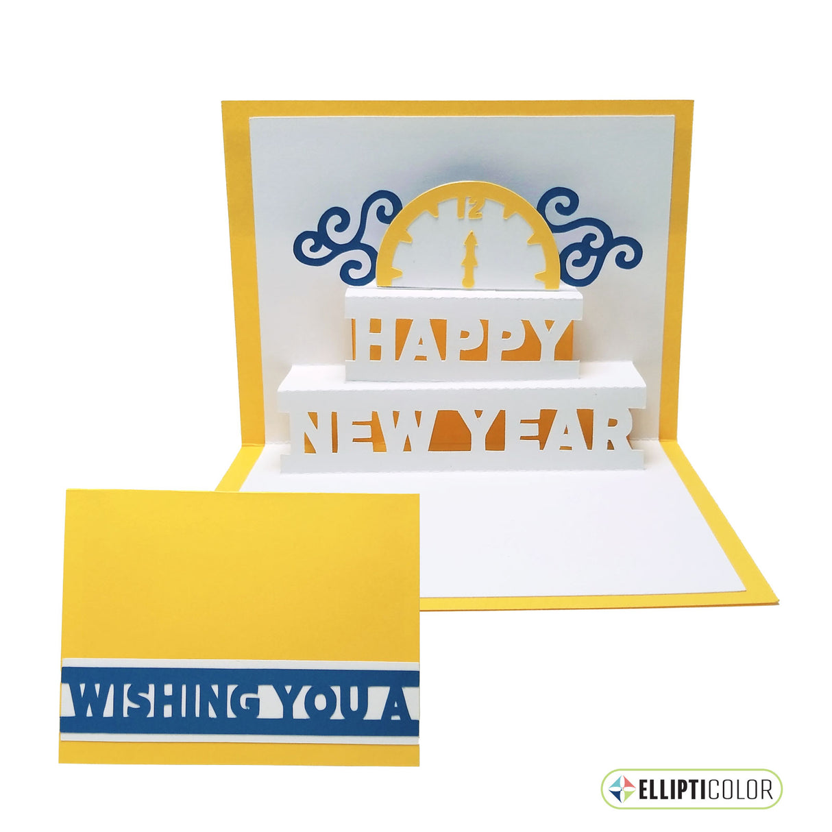 'Wishing You' card with a pop-up clock and 'Happy New Year' message inside.