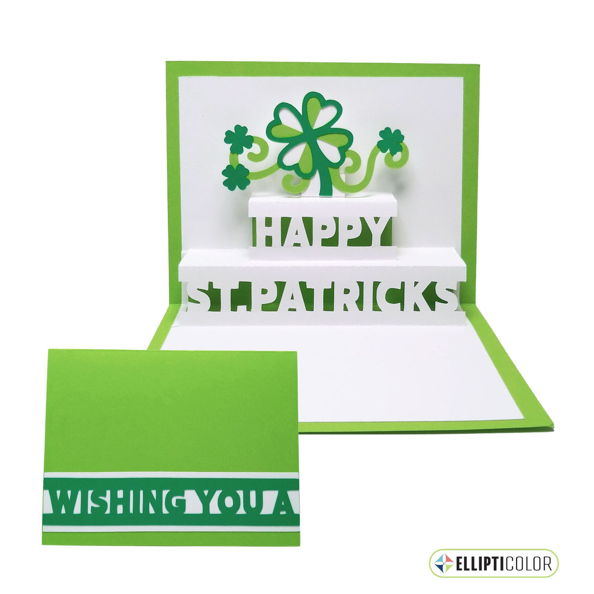 'Wishing You' card with a pop-up shamrock and 'Happy St. Patrick's' message inside.