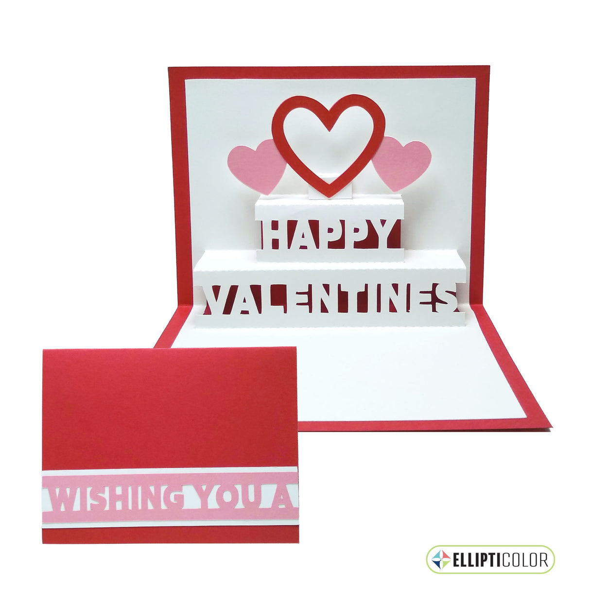 'Wishing You' card with pop-up hearts and 'Happy Valentine's' message inside.