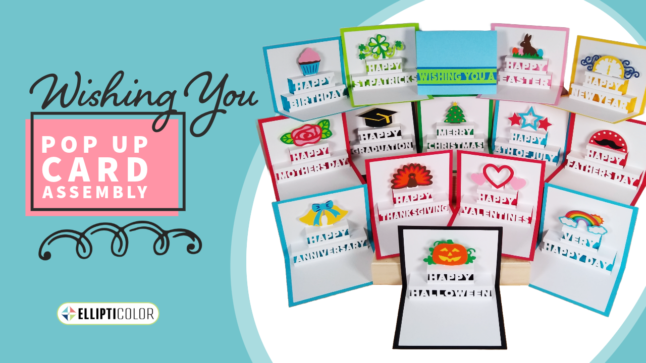 'Wishing You Pop Up Card Assembly' text with 15 holiday and celebration themed pop up cards.