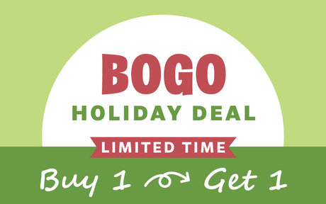 BOGO holiday deal advertisement with limited time offer on a green background