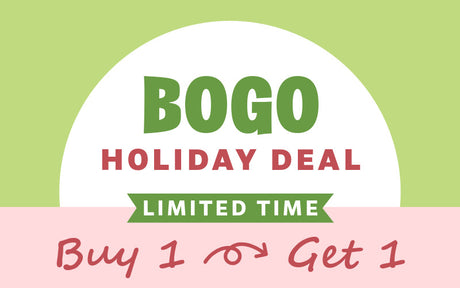 BOGO holiday deal advertisement with limited time offer on a light green background