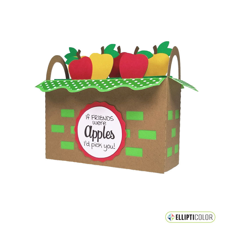 Box card shaped like an apple basket with colorful paper apples and a label