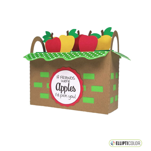 Box card shaped like an apple basket with colorful paper apples and a label