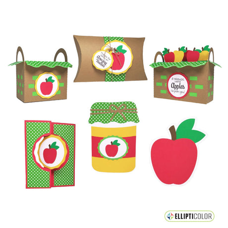 Set of cards, box and basket featuring an apple design on a white background
