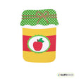 Greeting card shaped like a jar with a green lid, red label with an apple, and yellow base
